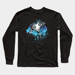 Manta Ray Tribal Blue Ink Splash Long Sleeve T-Shirt